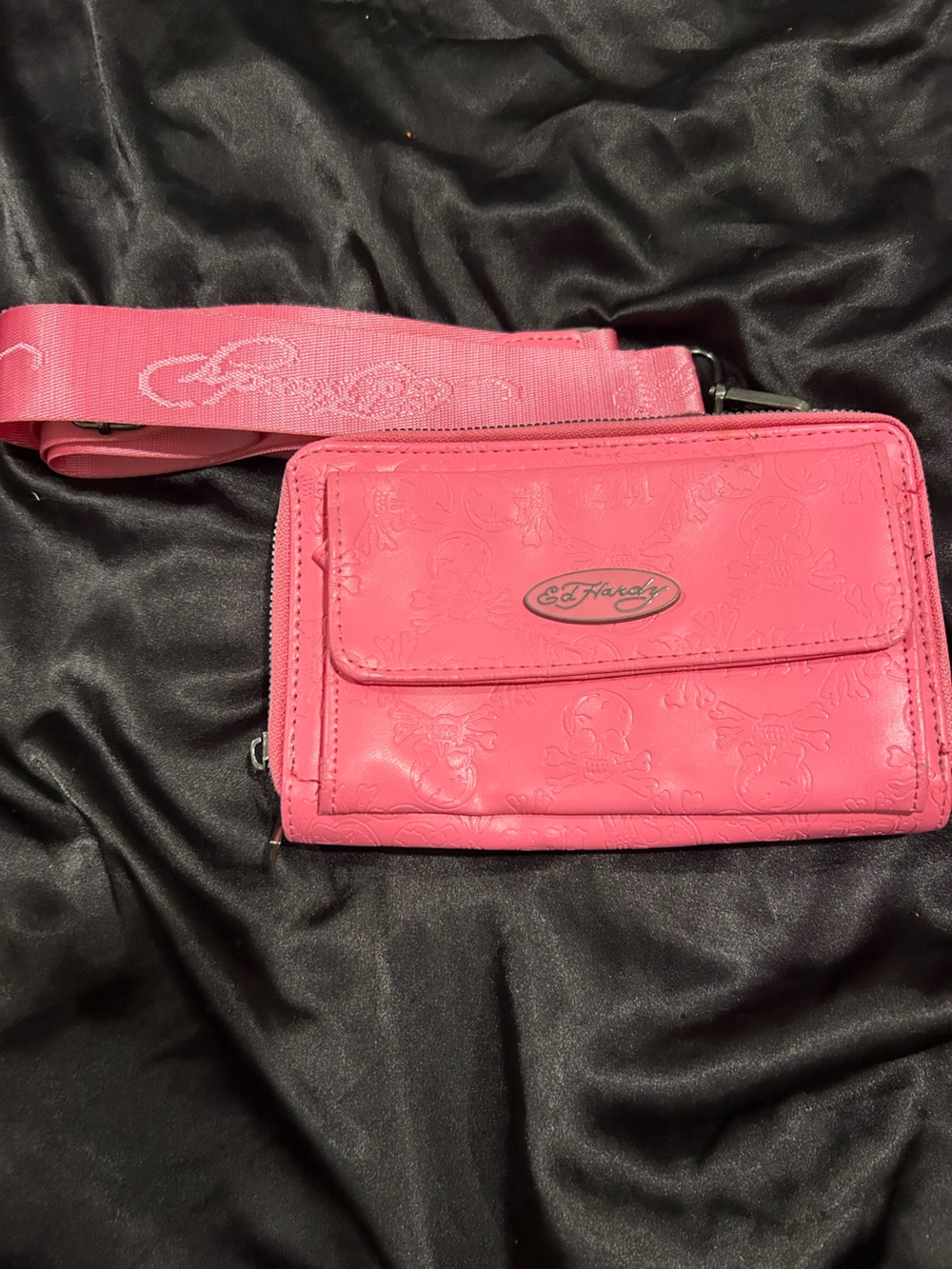 Ed Hardy Hot Pink Embossed Crossbody Wallet